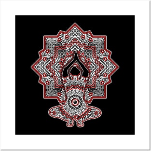 Yoga Pose In Red And Black Against Geometric Pattern Posters and Art